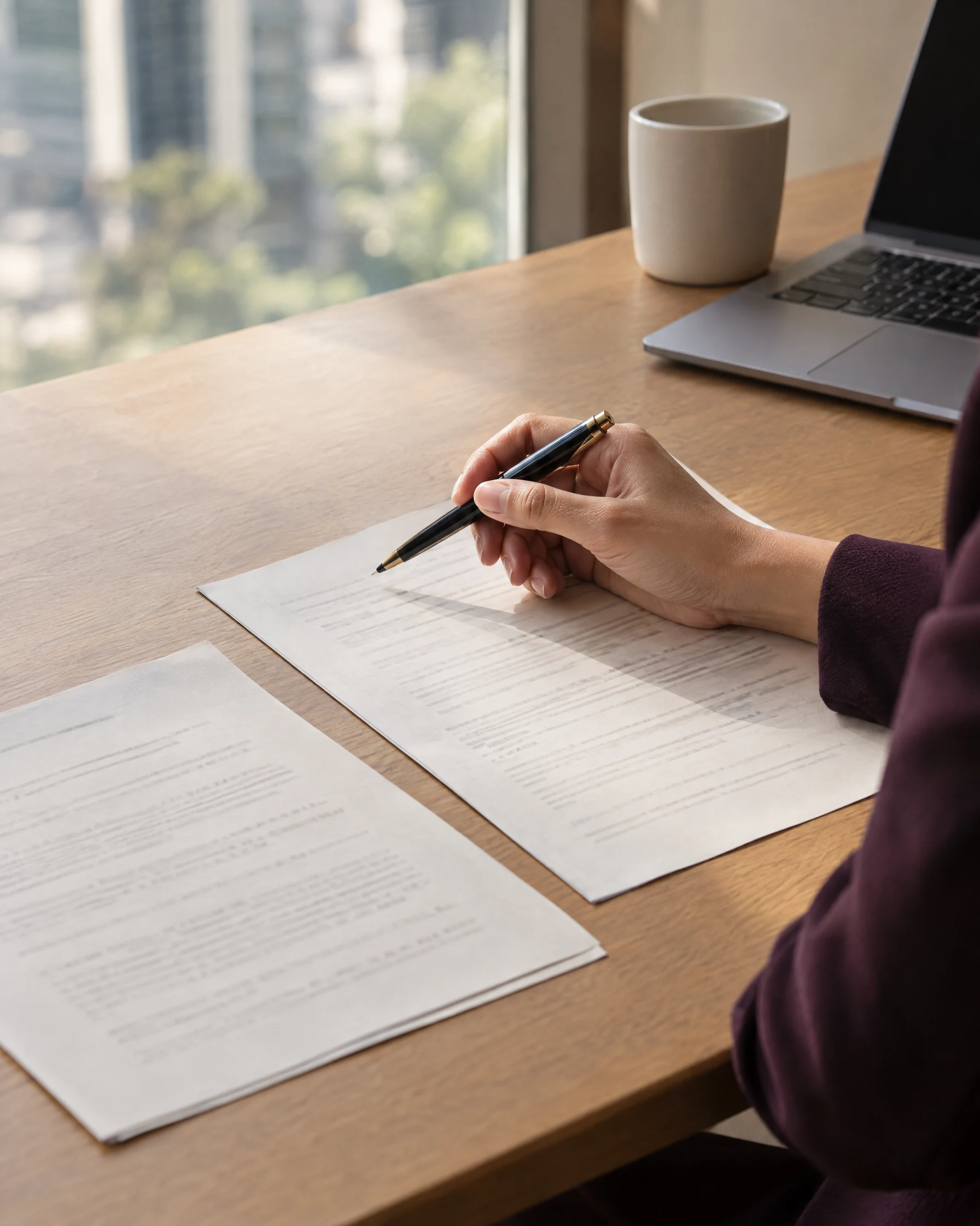 A lawyer considering marked working documents beside a laptop.