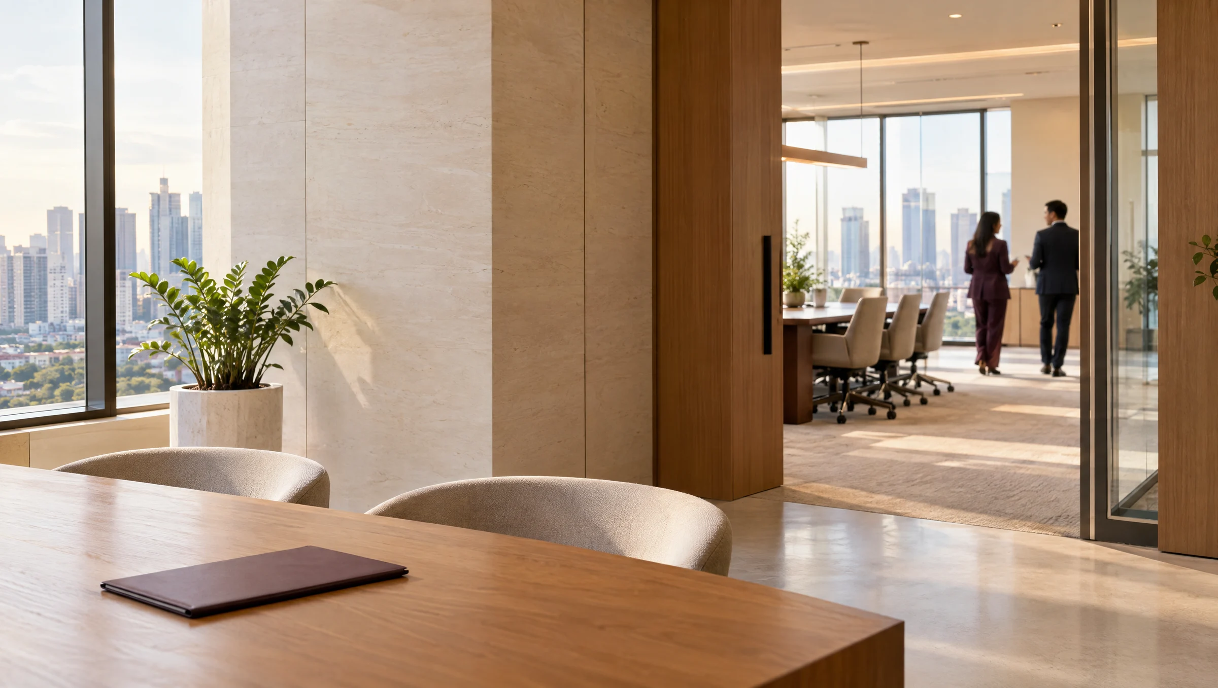 A quiet, light-filled office with a plum folder and colleagues in the distance.