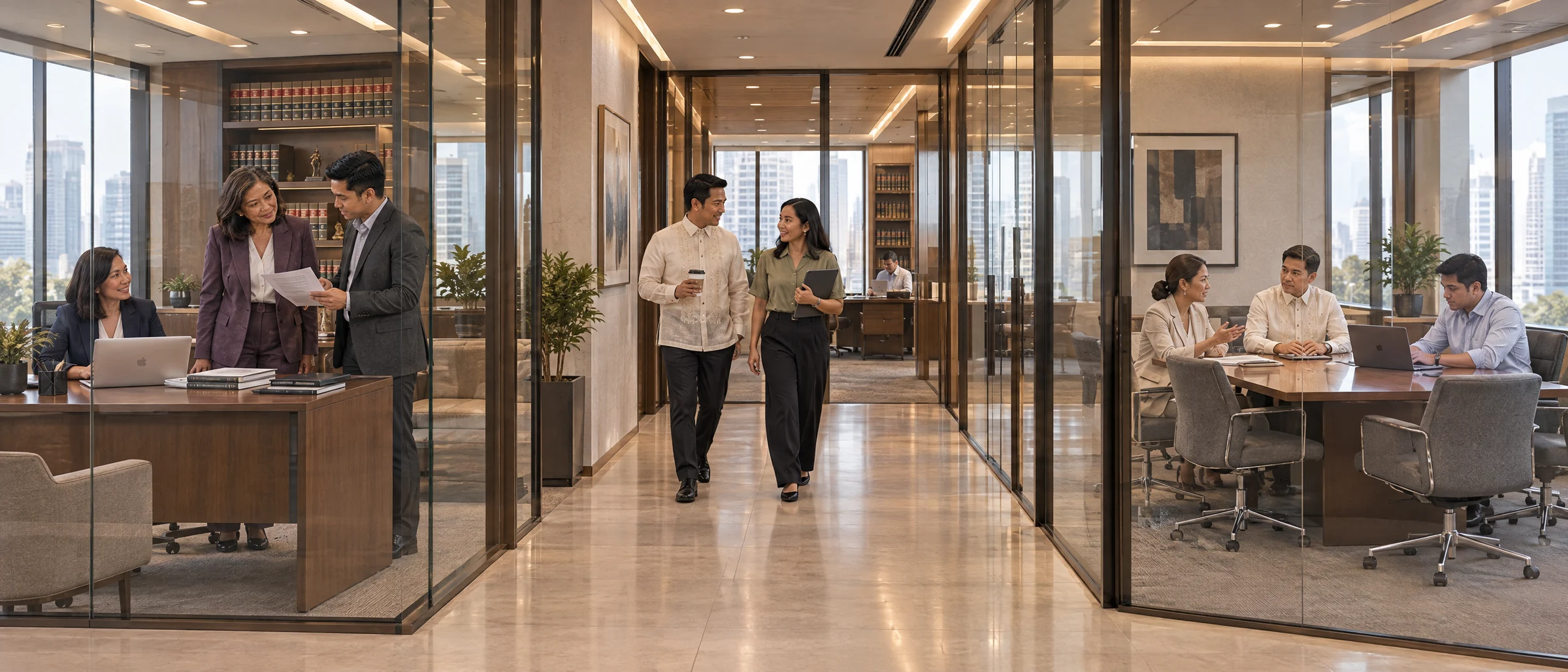 A panoramic view across a fictional law firm: colleagues share a light moment in a glass partner office, walk and talk in the corridor, meet in a separate conference room and work at a desk farther back.